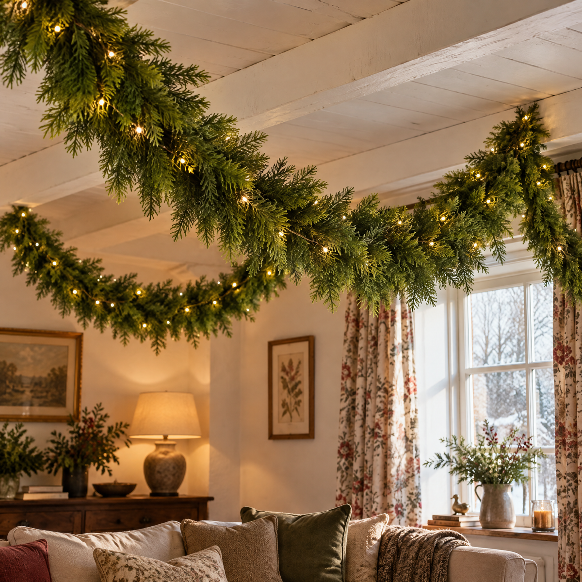 Evergleam pre-lit pine garland ceiling