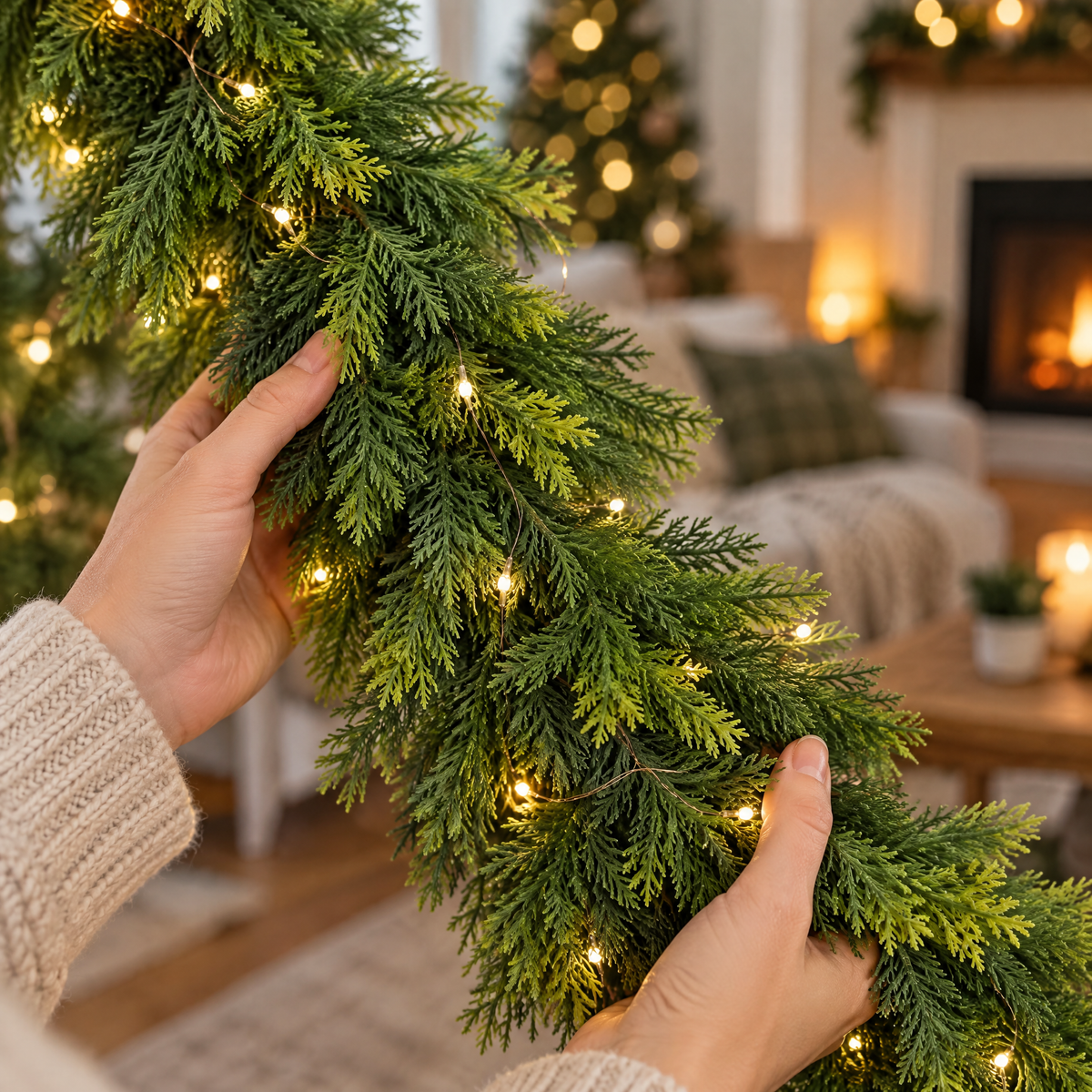 Evergleam pre-lit pine garland closeup