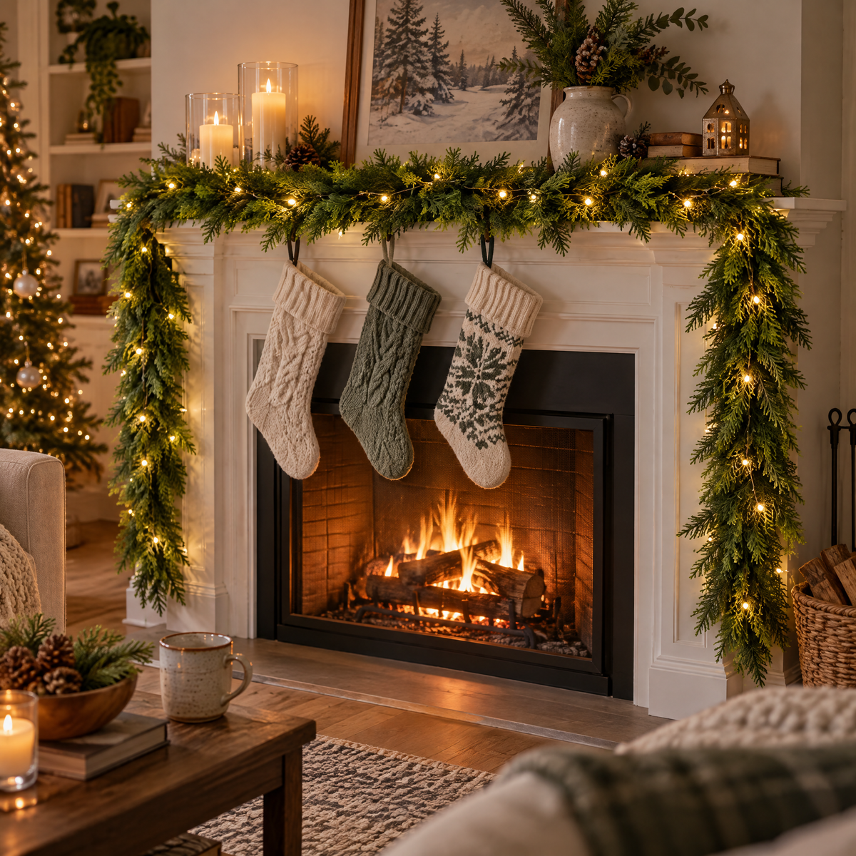 Evergleam pre-lit pine garland mantel