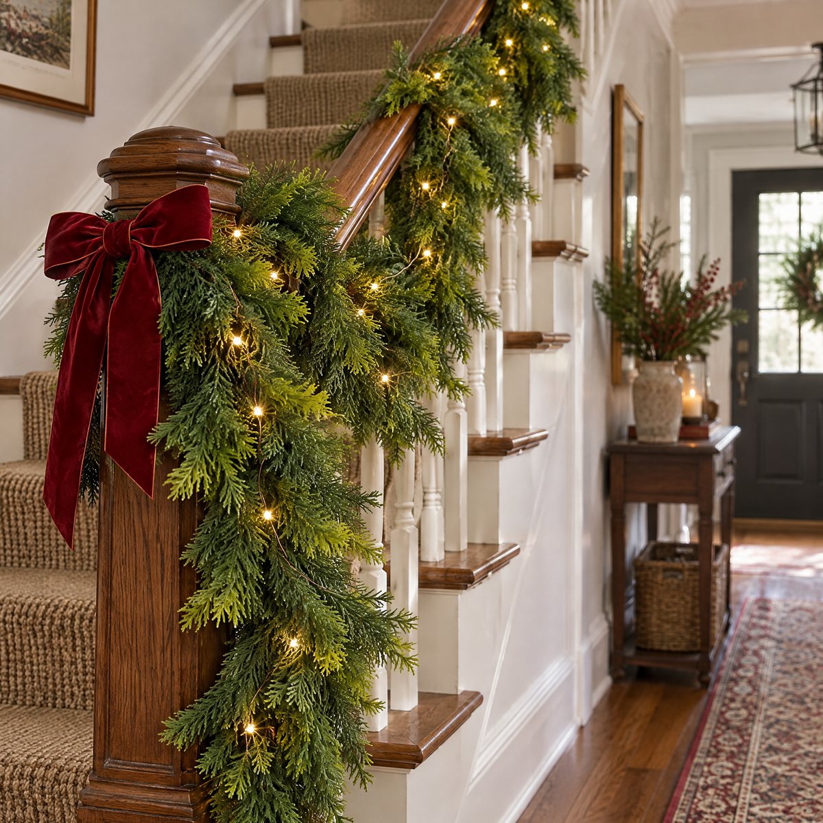 Evergleam pre-lit pine garland stairs
